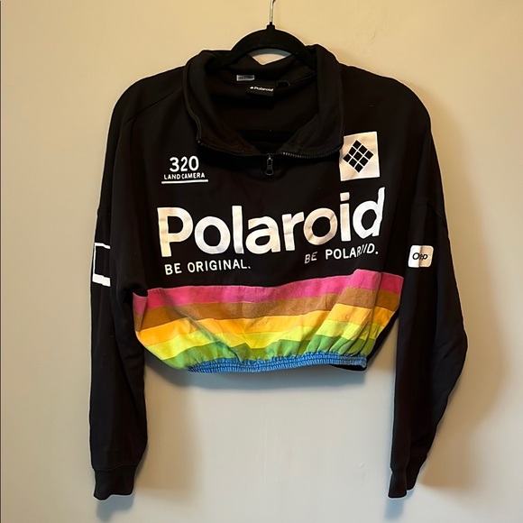 Polaroid Tops - Polaroid Y2K  - Black Cropped Sweatshirt with Colorful Stripes
